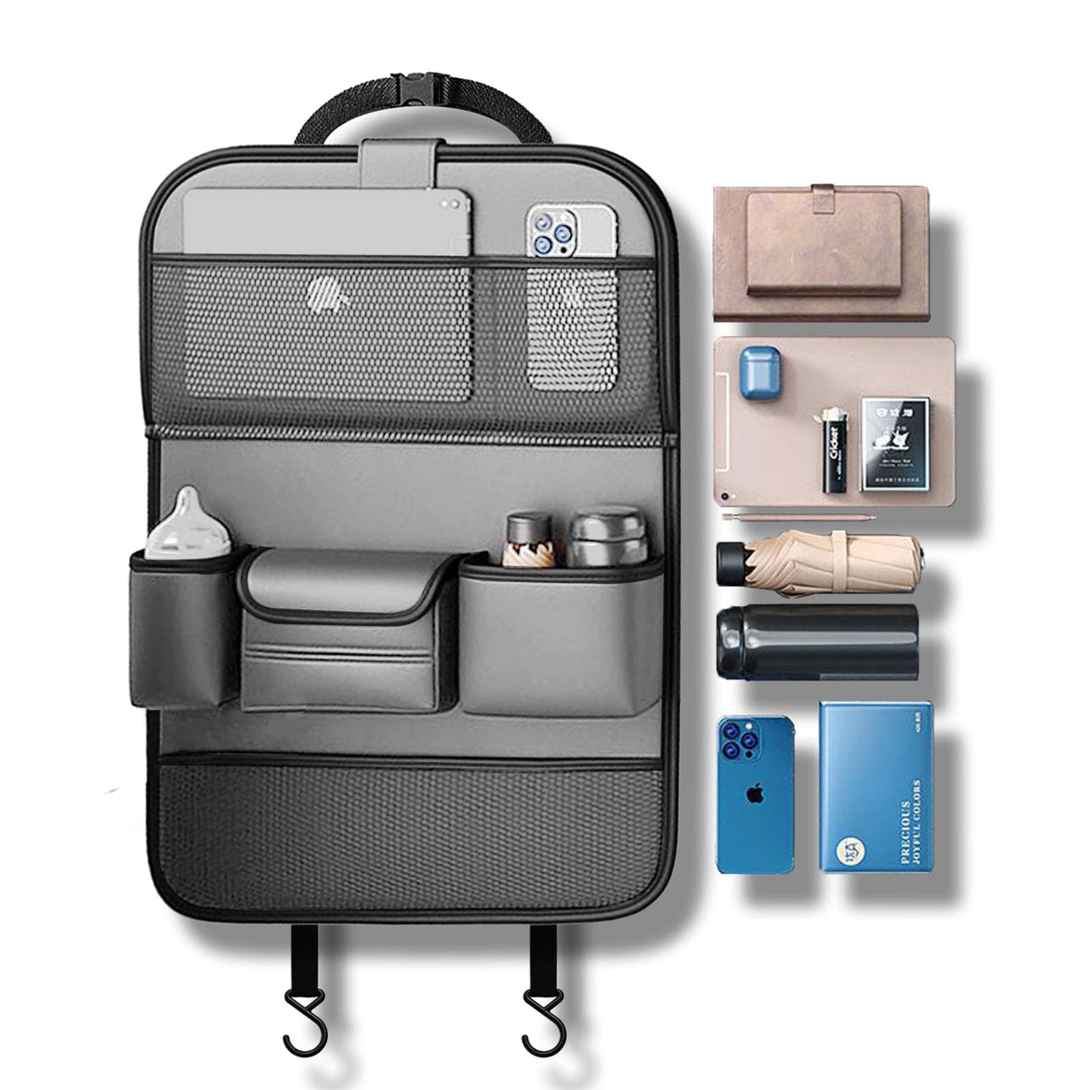 2 Pack Leather Car Backseat Organizer with Foldable Table Tray (Gray)