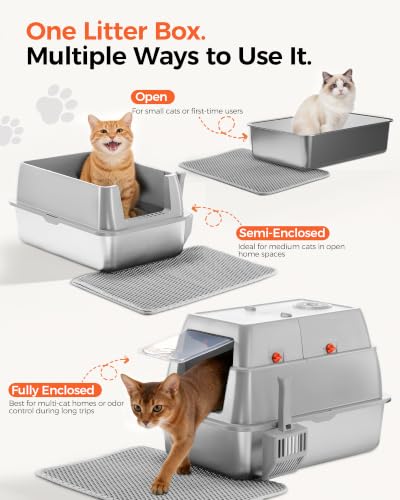 XXL Stainless Steel Cat Litter Box with Lid (Light Gray / 23" L × 16" W × 18" H)
