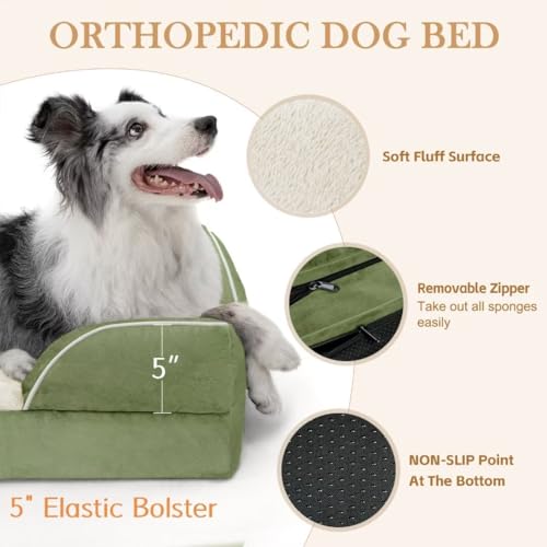 Orthopedic Dog Bed for Extra Large Dogs with Bolster (45.0"L x 35.0"W x 8.5"Th / Light Green)