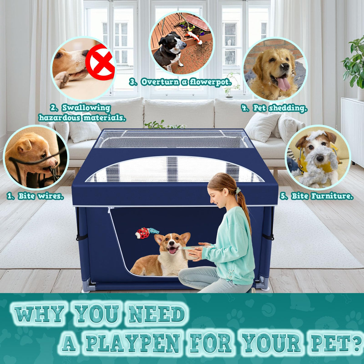 42x42 Inch Puppy Playpen with Cover (Blue / 42x42 IN With Cover)