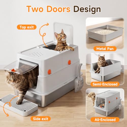 XL Enclosed Stainless Steel Litter Box with Lid (Light Gray)