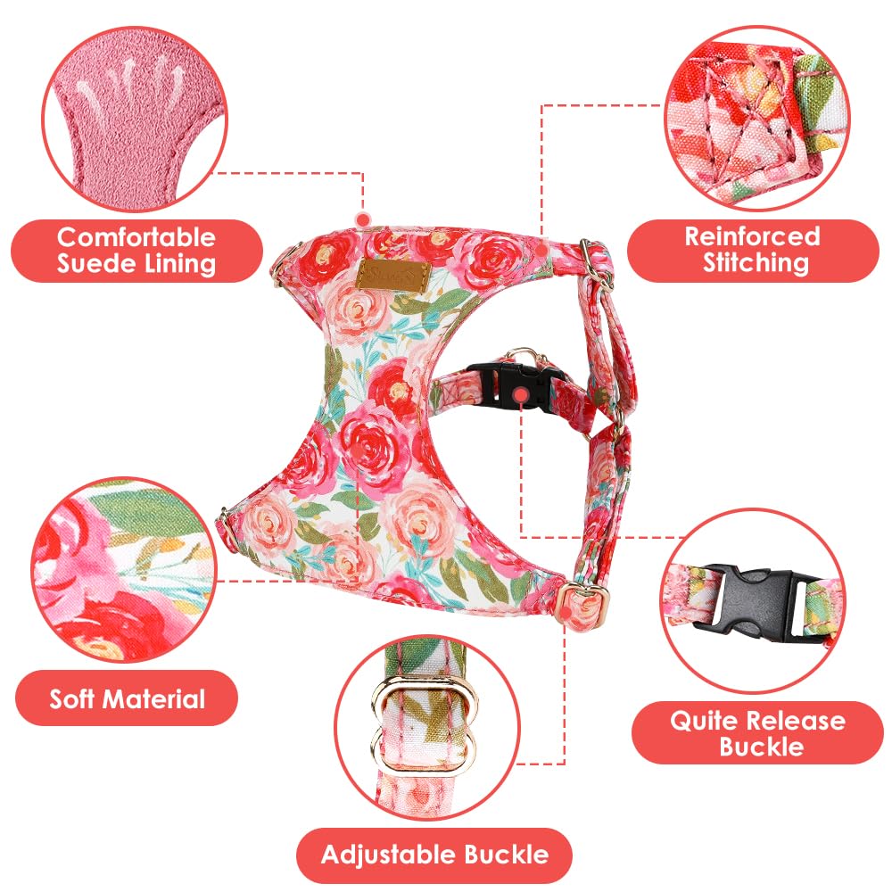 No Pull Dog Harness with Leash for Small Medium Dogs (X-Small(6-11lb) / Pink Rose)