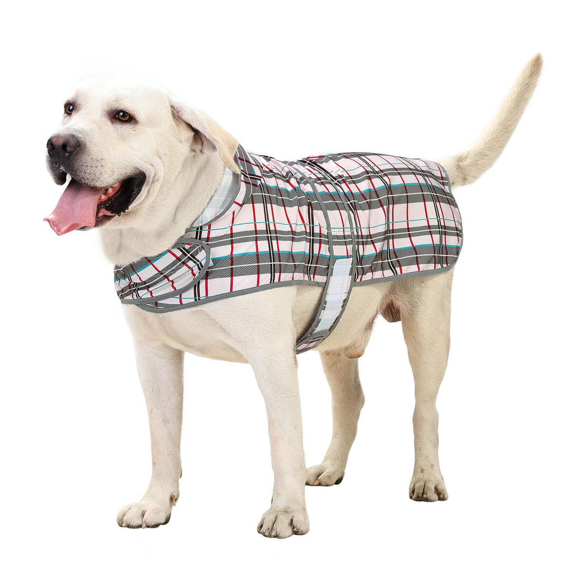Dog Raincoat for Large Dogs Waterproof Jacket Hooded Rain Coats with Reflective Strips Leash Hole & Poncho Adjustable Fit (Khaki Plaid / XX-Large)
