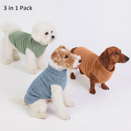 3 Pack Fleece Dog Sweaters for Small Dogs (Lt Blue+Olive+Brown / X-Small)