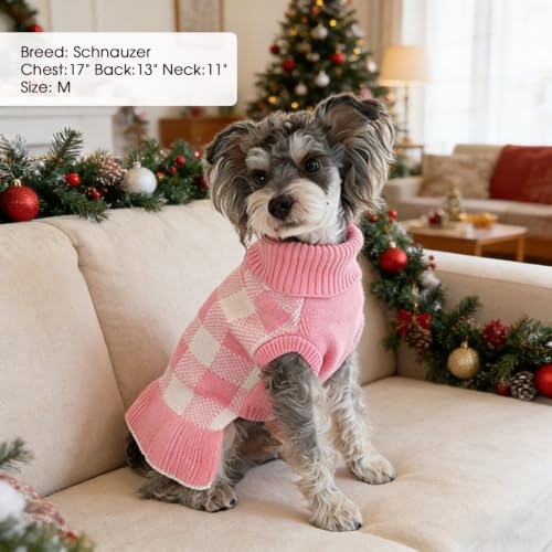 Dog Sweater Dress Plaid Knitwear for Small Dogs Girl Christmas Clothes (Pink / Small)