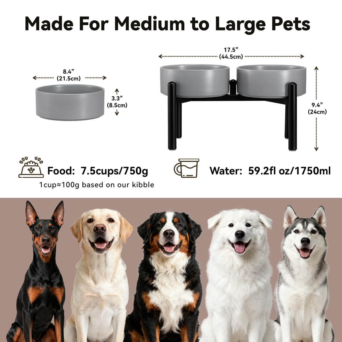 Raised Ceramic Dog Bowl Set with Stand (Dark Gray / 2 Bowls - 7.5 Cups Each)