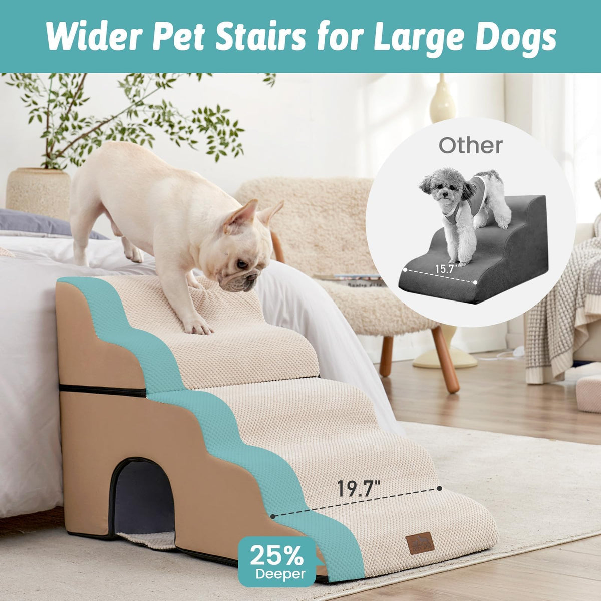 Extra Wide Small Dog Stairs with Tunnel (Beige / Detachable 19.7" x 33" x 22.4")