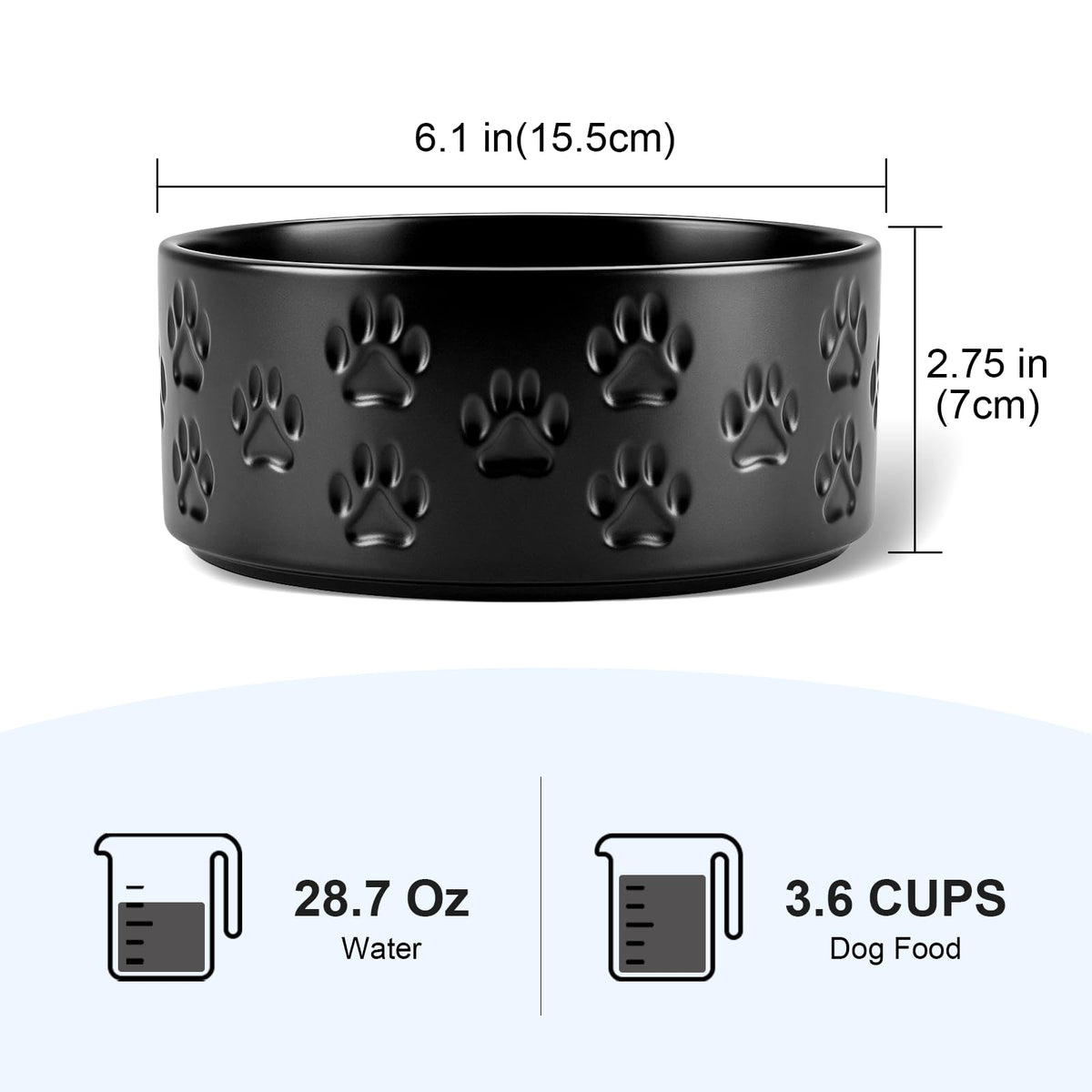 Ceramic Dog and Cat Bowls 2 Pack (6.1 in - 3.6 cups / Paw Black - Only Bowls*2)