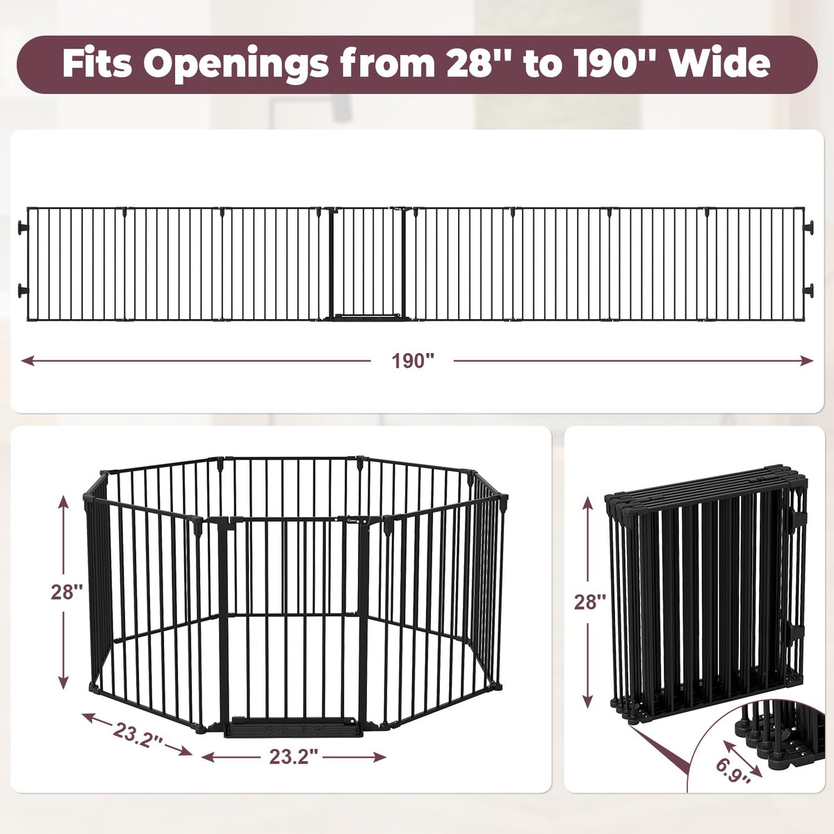 190" Extra Wide Baby Gate Playpen (Black / 190" Wide)