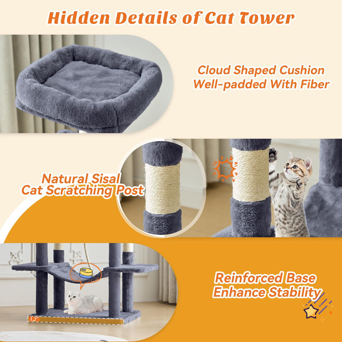 66 Inch Large Cat Tree Tower with Scratching Posts (Dark Grey / 66.9"×18.9"×18.9")