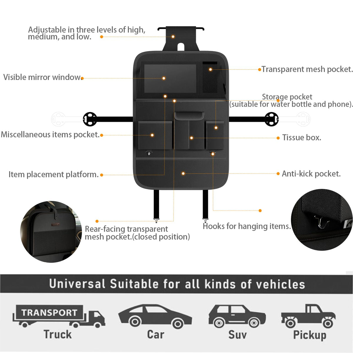 Car Seat Organizers (Plain Black / 1 Pcs)