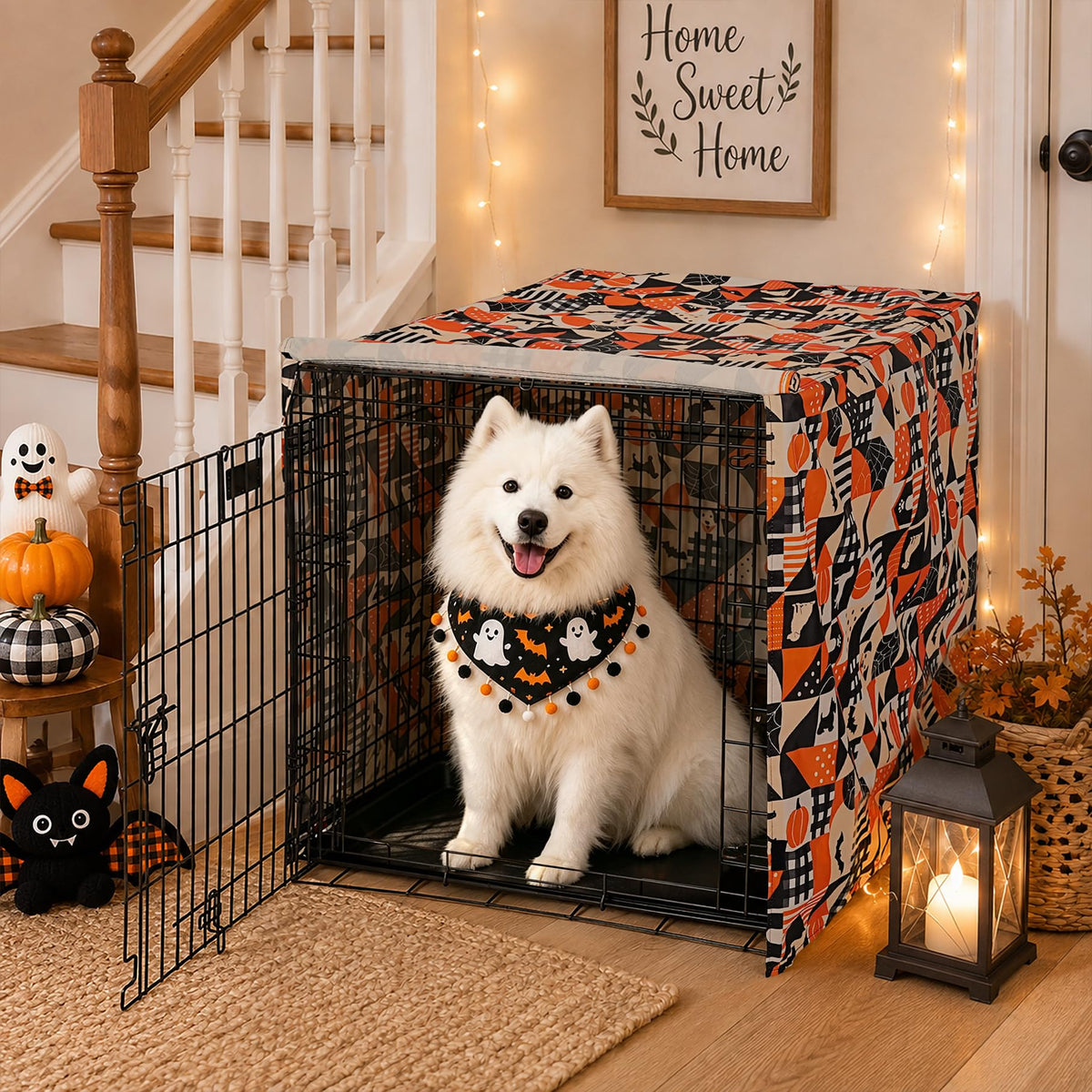 Halloween Pattern Dog Crate Cover (Orange Dog Grid / 48.0"L x 30.0"W x 33.0"H)