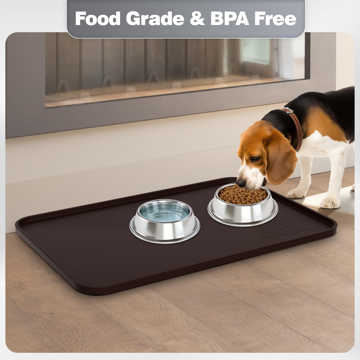 Silicone Dog Cat Food Mat Extra Thick Raised Edge (Brown / 28"L x 18"W)