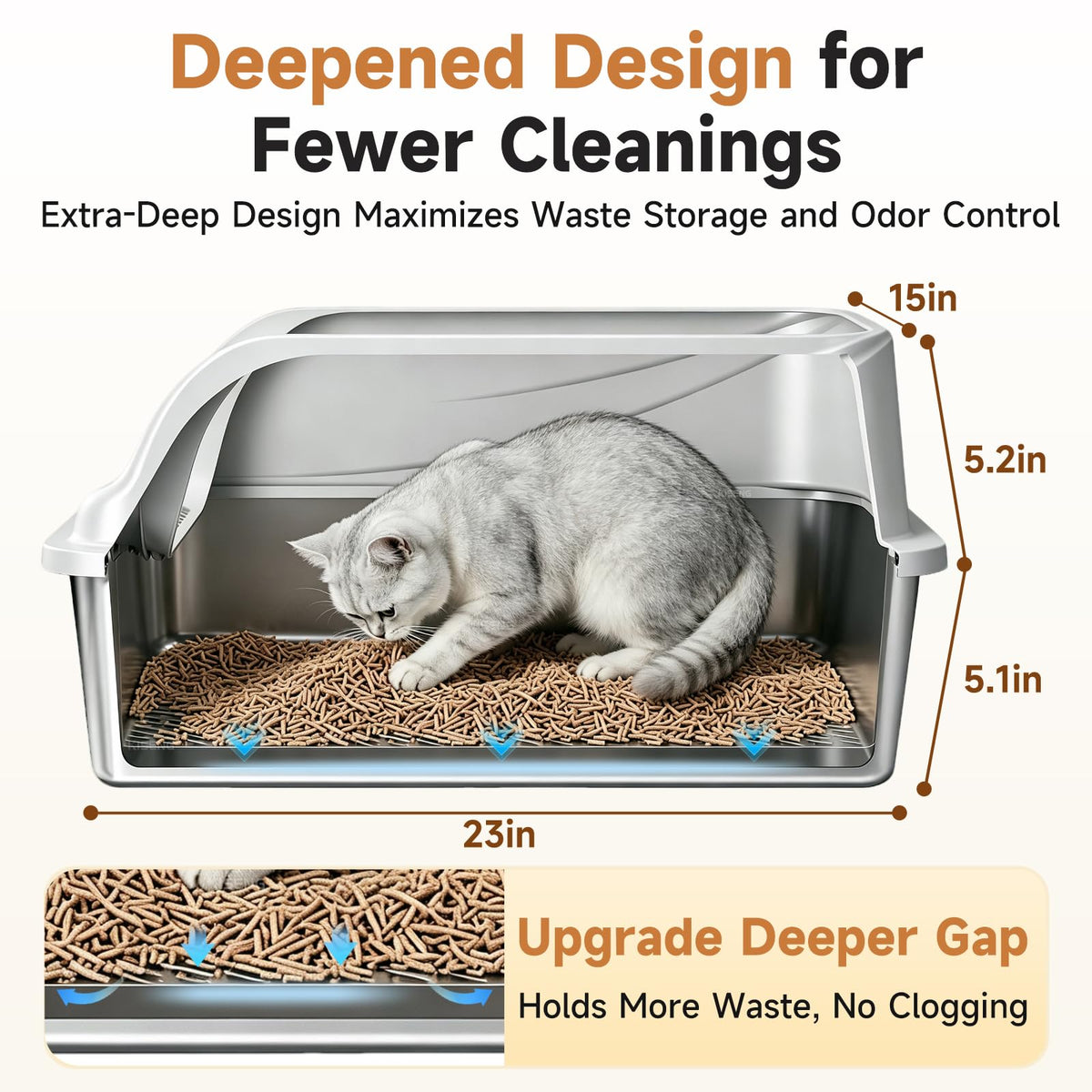 Stainless Steel Sifting Litter Box for Pine Pellets (Light Grey XL)