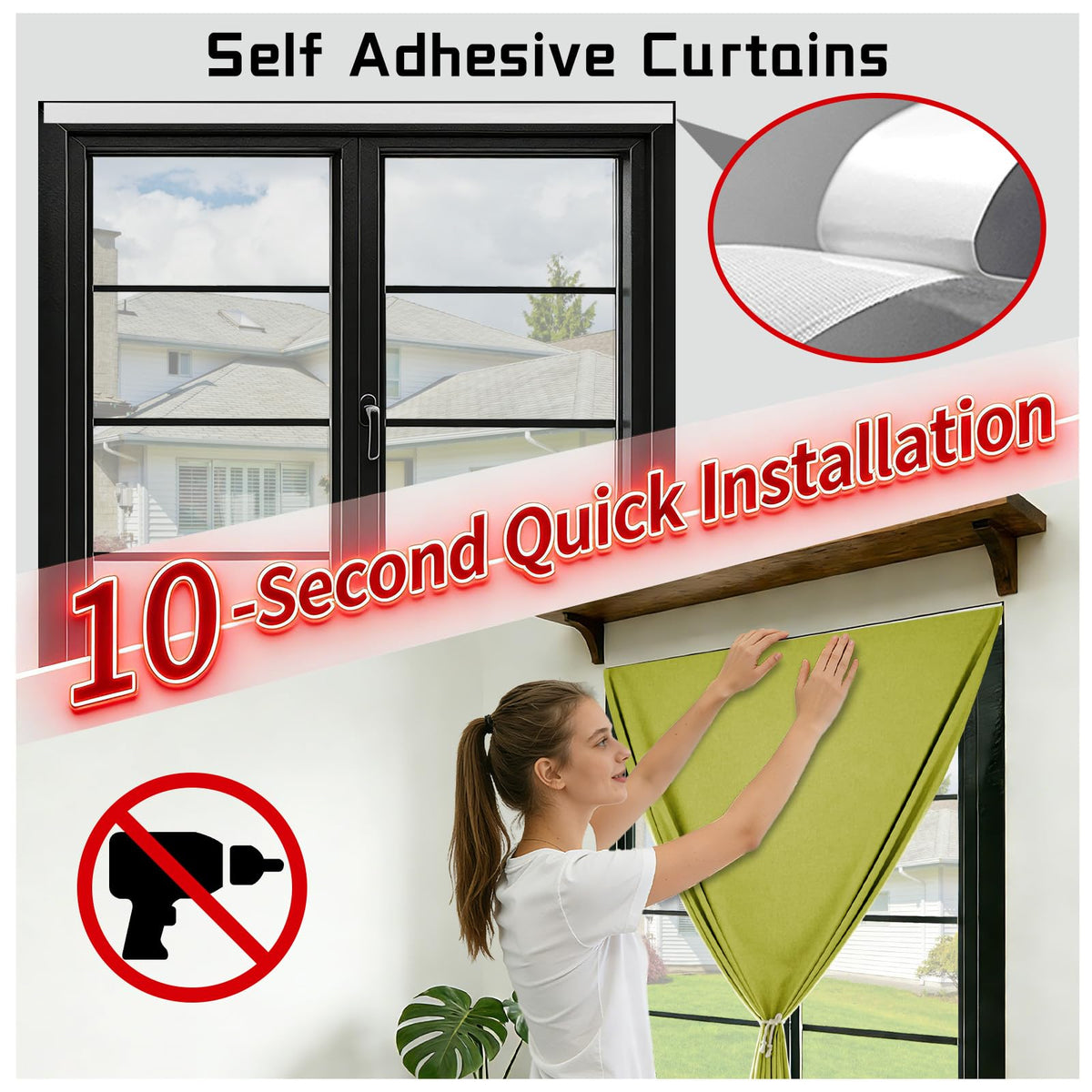 100% Blackout Magic Tape Stick On Curtains Window Shades Pull Down Blackout Window Cover No Drillng Self Adhesive Curtains No Rod Small Windows (34"W x 60"L (Pack of 1) / Fruit Green)