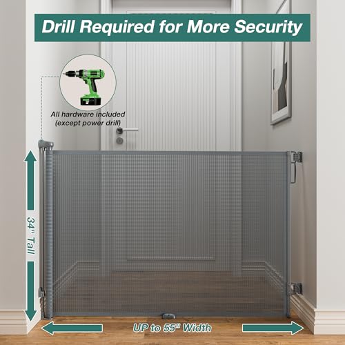 Retractable Baby Gate for Stairs (Gray / 55" Wide x 34" Tall)