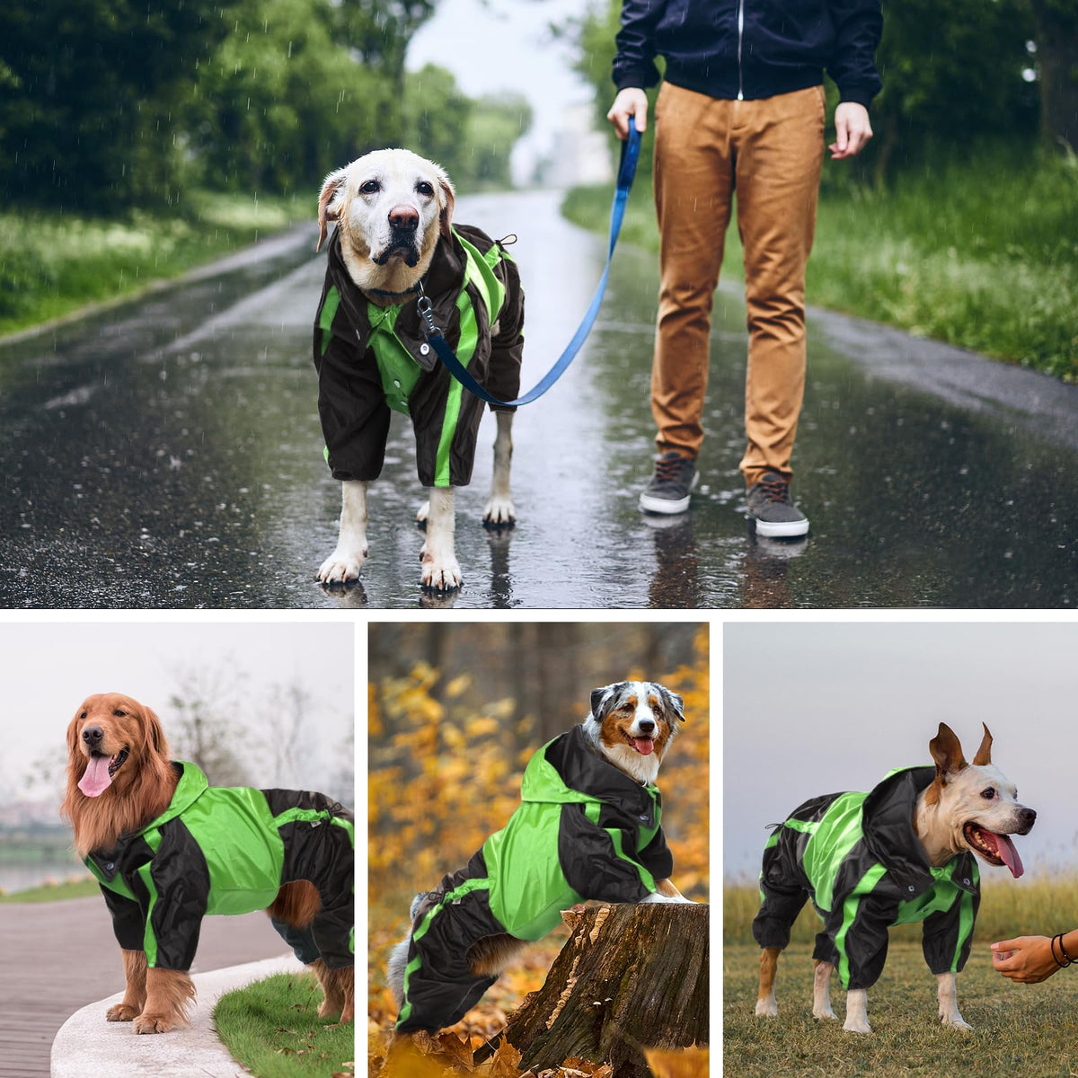 Dog Raincoat 4 Leg Waterproof Dog Rain Jacket with Hood (Green / Small)