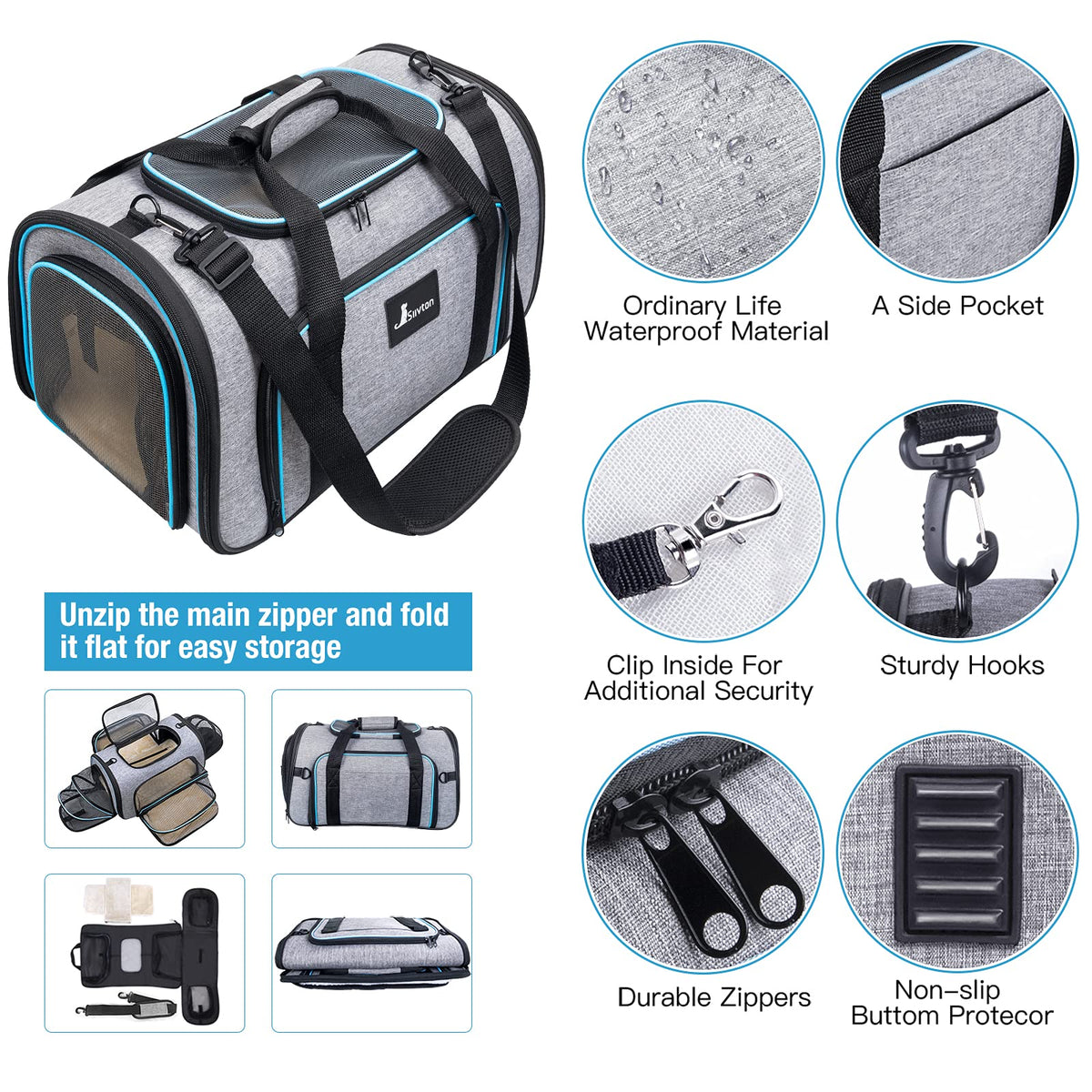Pet Carrier Airline Approved (20.0"L x 11.4"W x 12.4"H / 4 Extension Gray_Blue)