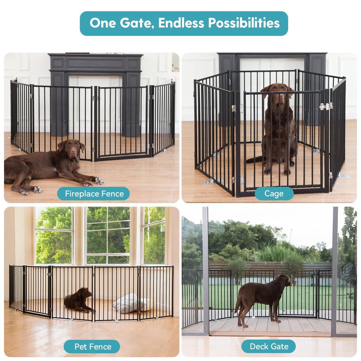 Freestanding Dog Gate with Door for Indoor & Outdoor (Black / 【6 Panels with Door】156"W×30"H)