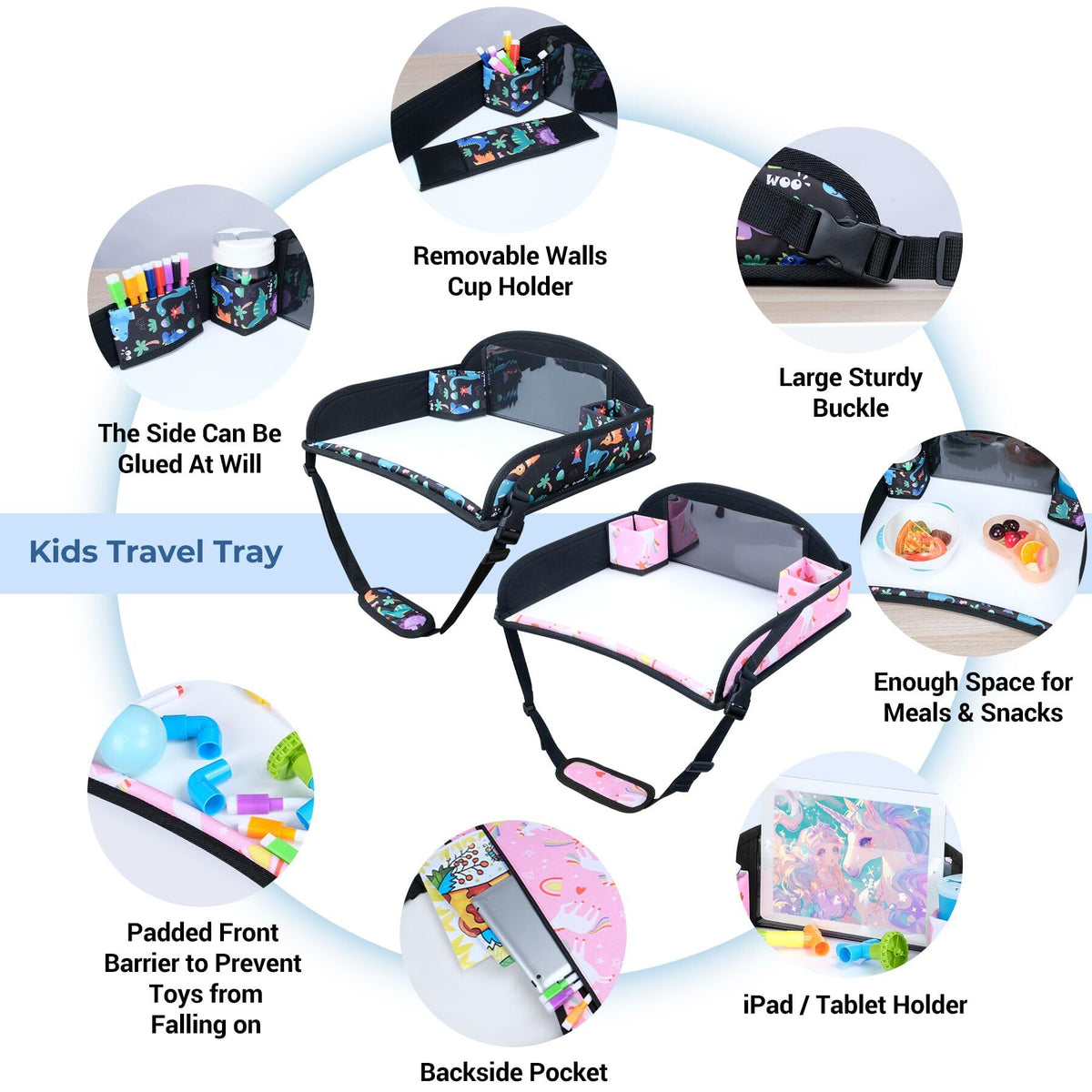 2PCS Kids Travel Tray for Toddler Car Seat (Dinosaur & Pink Unicorn)