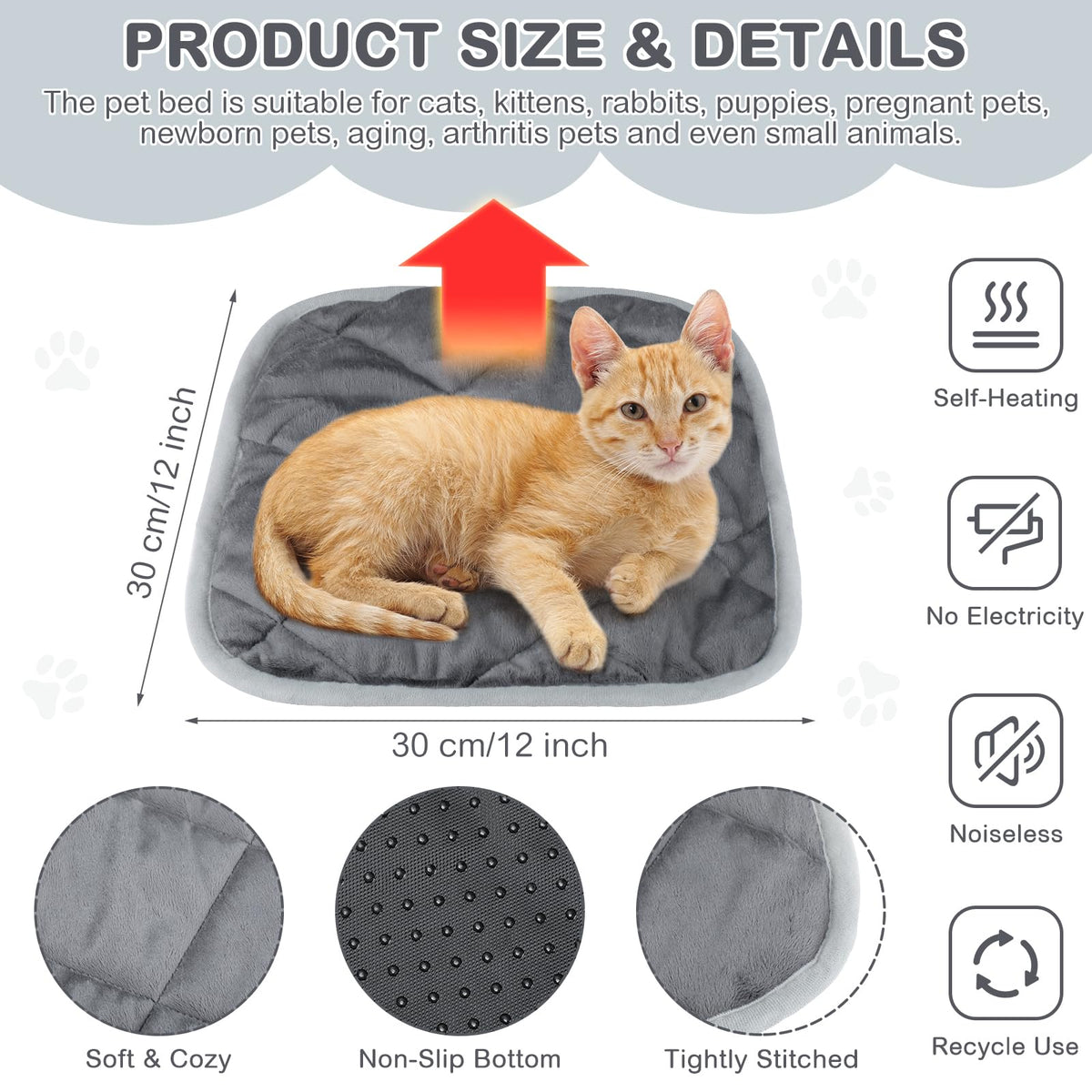 2 Pack Self Warming Cat Bed Thermal Pet Mat (12 x 12 Inches / Gray)