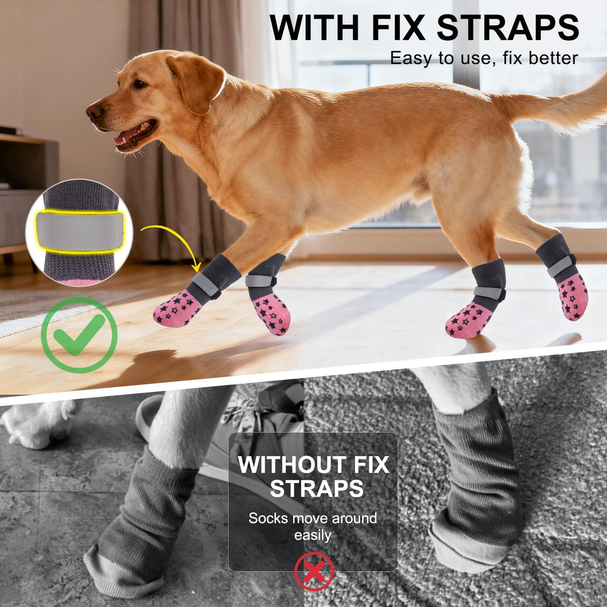 Dog Socks to Prevent Licking Paws Double Sided Grip Traction (PINK / M(2.1"-2.55" W | Pack of 4))