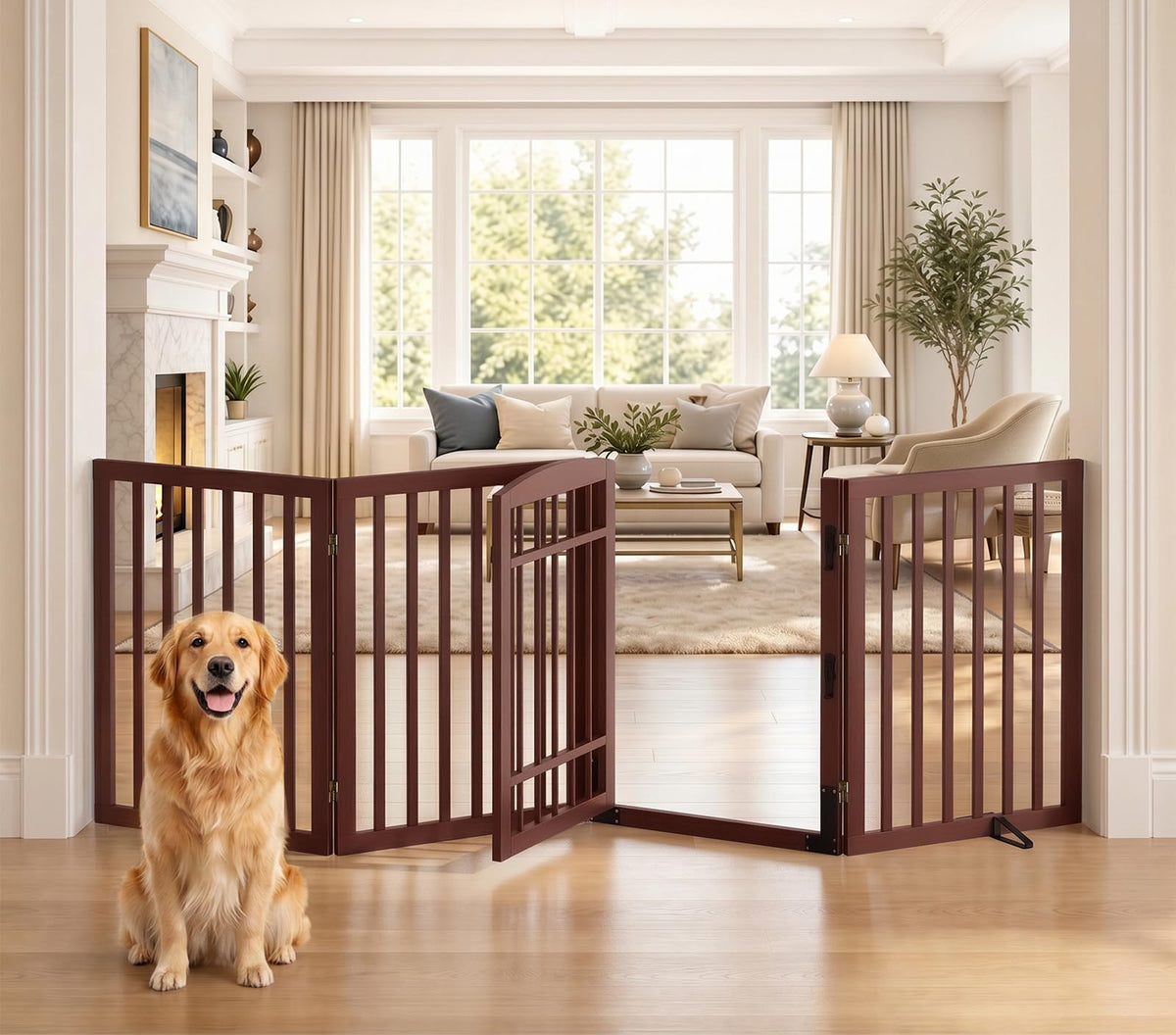 Dog Gate Indoor with Door (Espresso / 88"Wx30"H, 4-Panel)