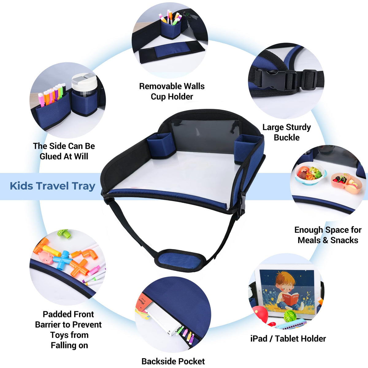 Kids Travel Tray for Toddler Car Seat (Navy Blue)