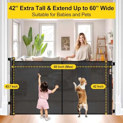 Reinforced 42" Extra Tall Retractable Baby Gates (Black / Reinforced 42" Tall X 60" Wide)