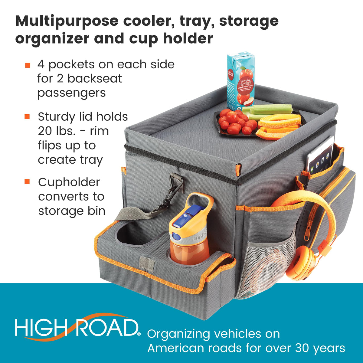 Front Seat Organizer with Tray and Cup Holders (Gray)