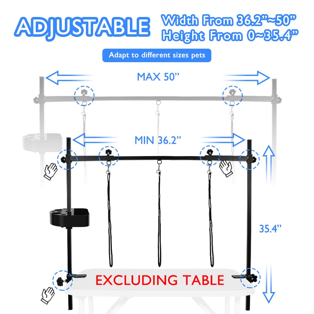 H Shape Pet Grooming Table Arm with Grooming Hammock Tool Holder Noose and Clamp for Dogs and Cats Heavy Duty Aluminum Alloy Frame with 35.4” Adjustable Height and 36.2” ~ 50” Adjustable Width