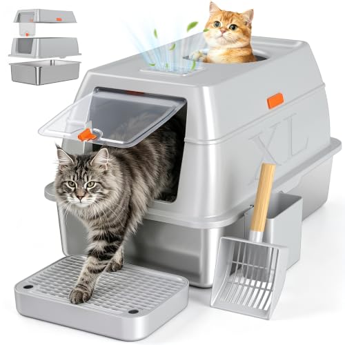 XL Enclosed Stainless Steel Litter Box with Lid (Light Gray-Enclosed)