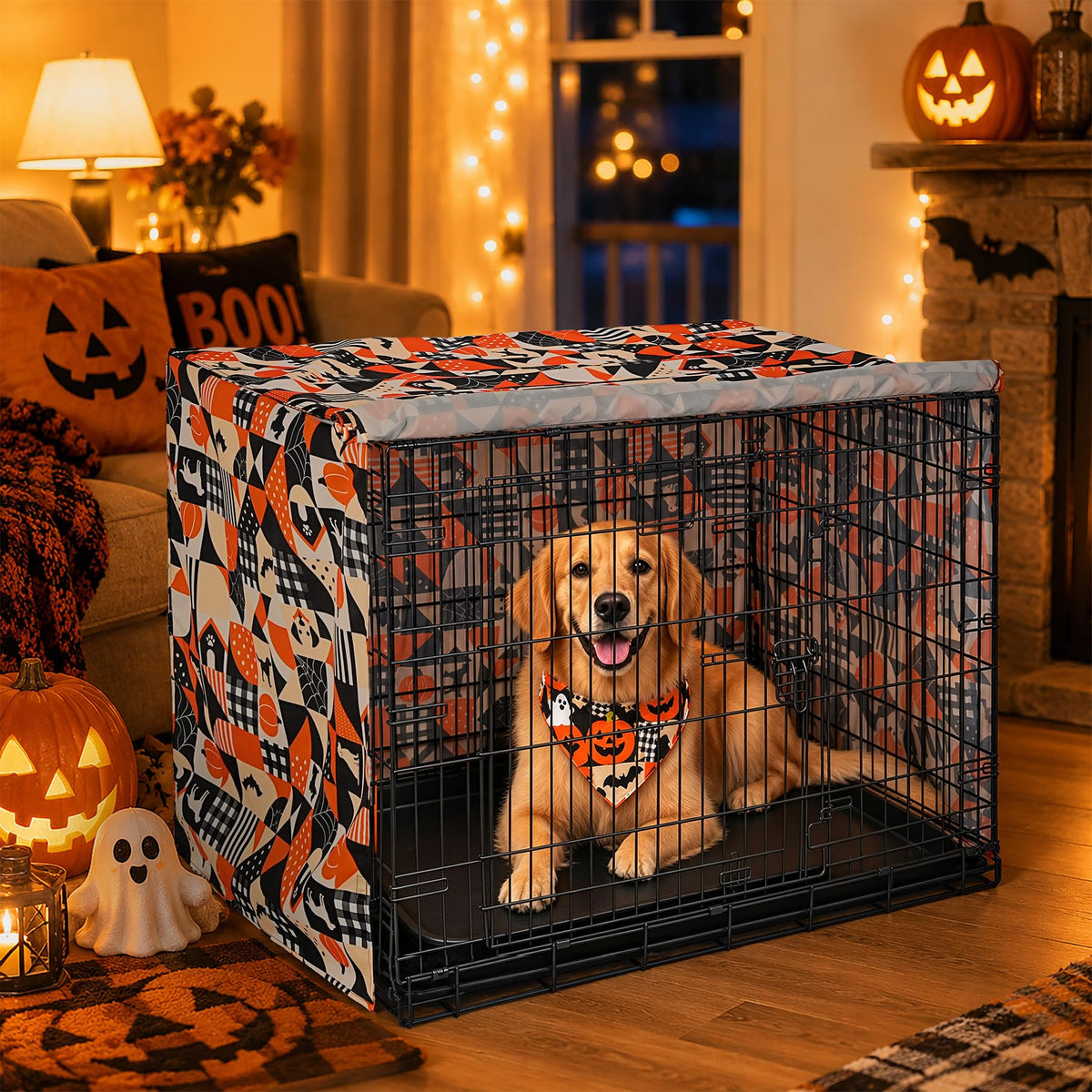 Halloween Pattern Dog Crate Cover (Orange Dog Grid / 48.0"L x 30.0"W x 33.0"H)