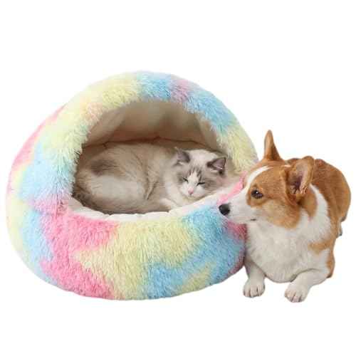 2-in-1 Convertible Cat & Dog Bed Cave with Removable Zipper Hood, Converts to Calming Donut Bed, Reversible Plush & Cooling Ice Silk Cushion (Rainbow Color, 23.6 in Medium Size) (Rainbow color / 23.6 in Medium Size)