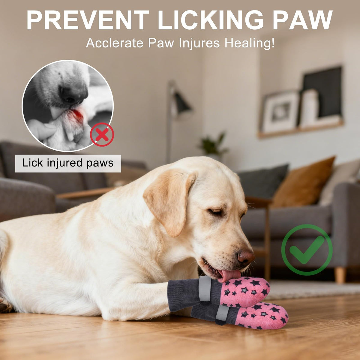 Dog Socks to Prevent Licking Paws Double Sided Grip Traction (PINK / XS(1.5"-1.7" W | Pack of 4))