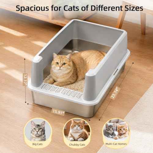 XL Stainless Steel Cat Litter Box with High Sided Enclosure (XL-Cool Grey)