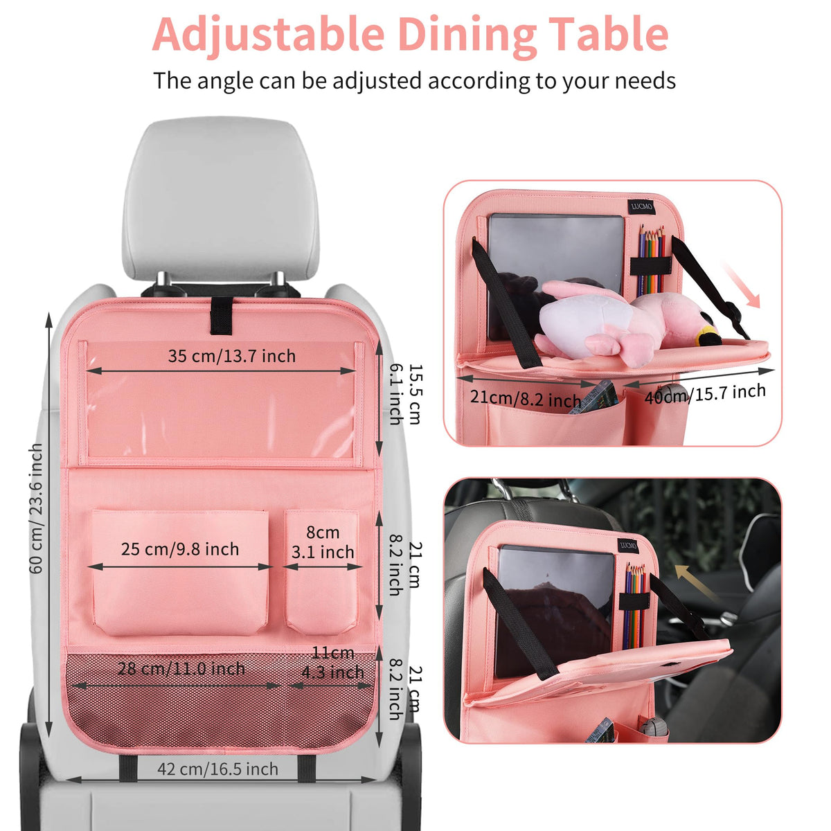 Car Backseat Organizer with Foldable Tablet Holder (Pink-3 / 2 Pack with Food Tray)