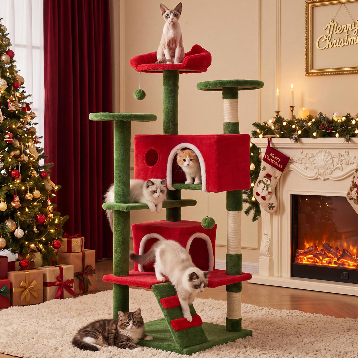 54 Inch Cat Tree Tower with Scratching Posts (Red & Green / 54 Inch)