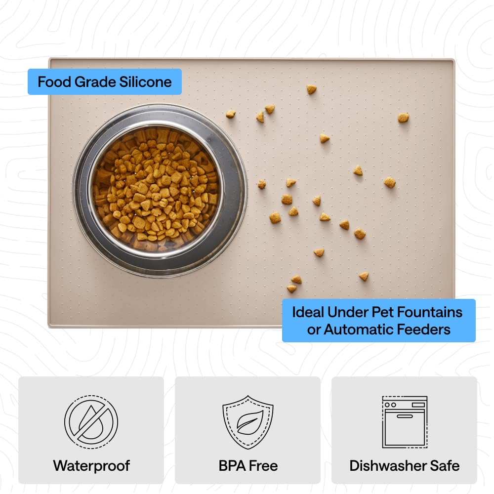 Dog Food Mat 100% Waterproof Silicone (Cream / 18.5"l X 11.5"w)