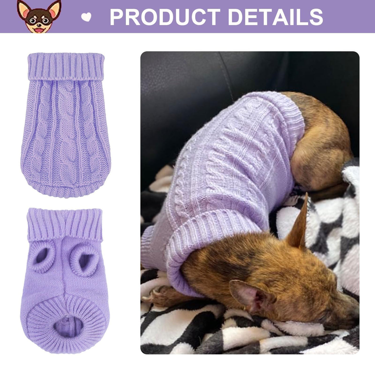 2 Pack Dog Sweaters for Small Dogs (Large / Purple-Beige)