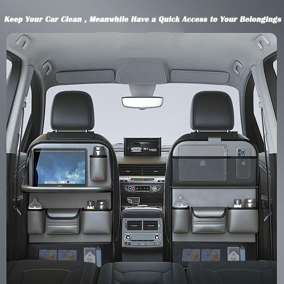 2 Pack Leather Car Backseat Organizer with Foldable Table Tray (Gray)