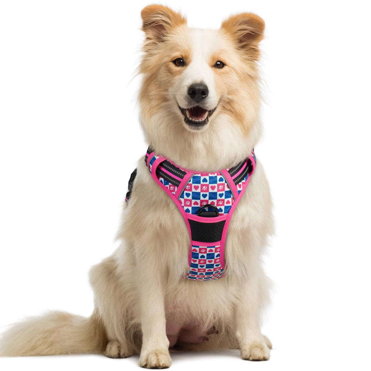 Dog Harness No Pull for Large Dogs with 2 Leash Clips (Medium / Hot Pink Grid)