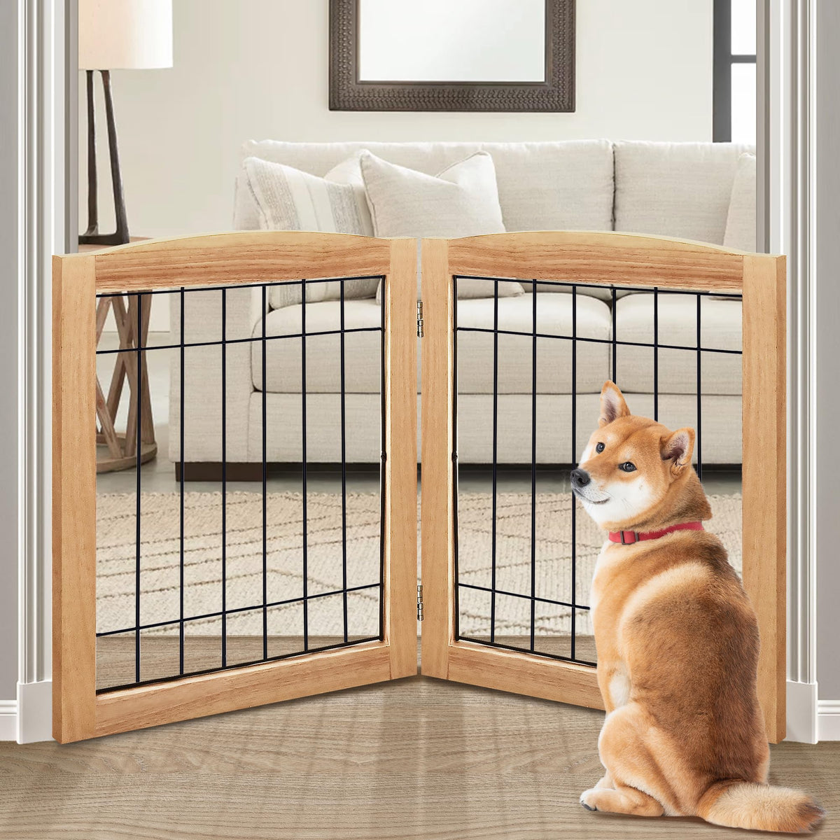 2 Panel Freestanding Foldable Wood Dog Gate (24"Height-2 Panel / Natural)