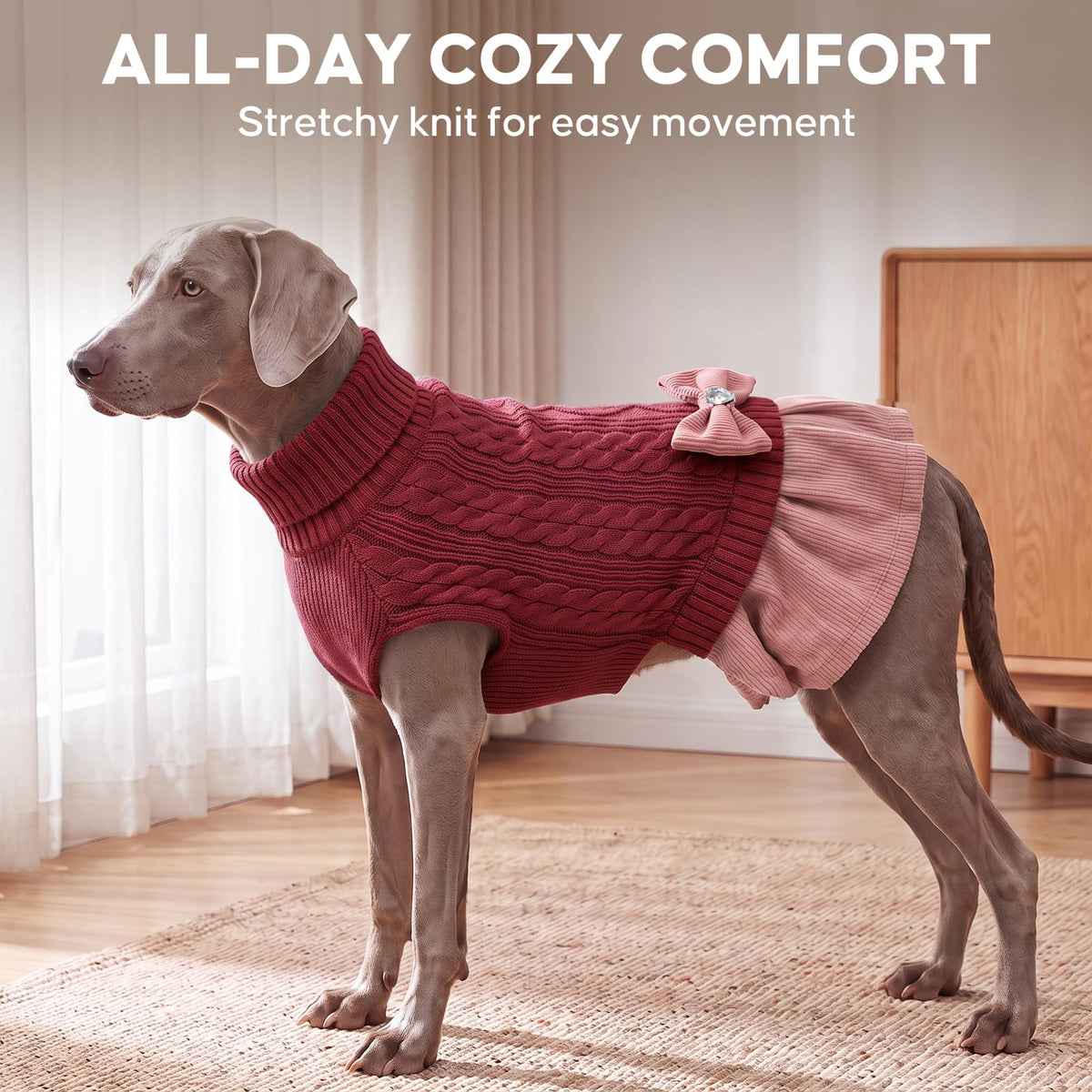 Dog Christmas Sweater Dress for Large Dogs Turtleneck Knit Pullover (3XL (70-95lbs) / Red+Pink)