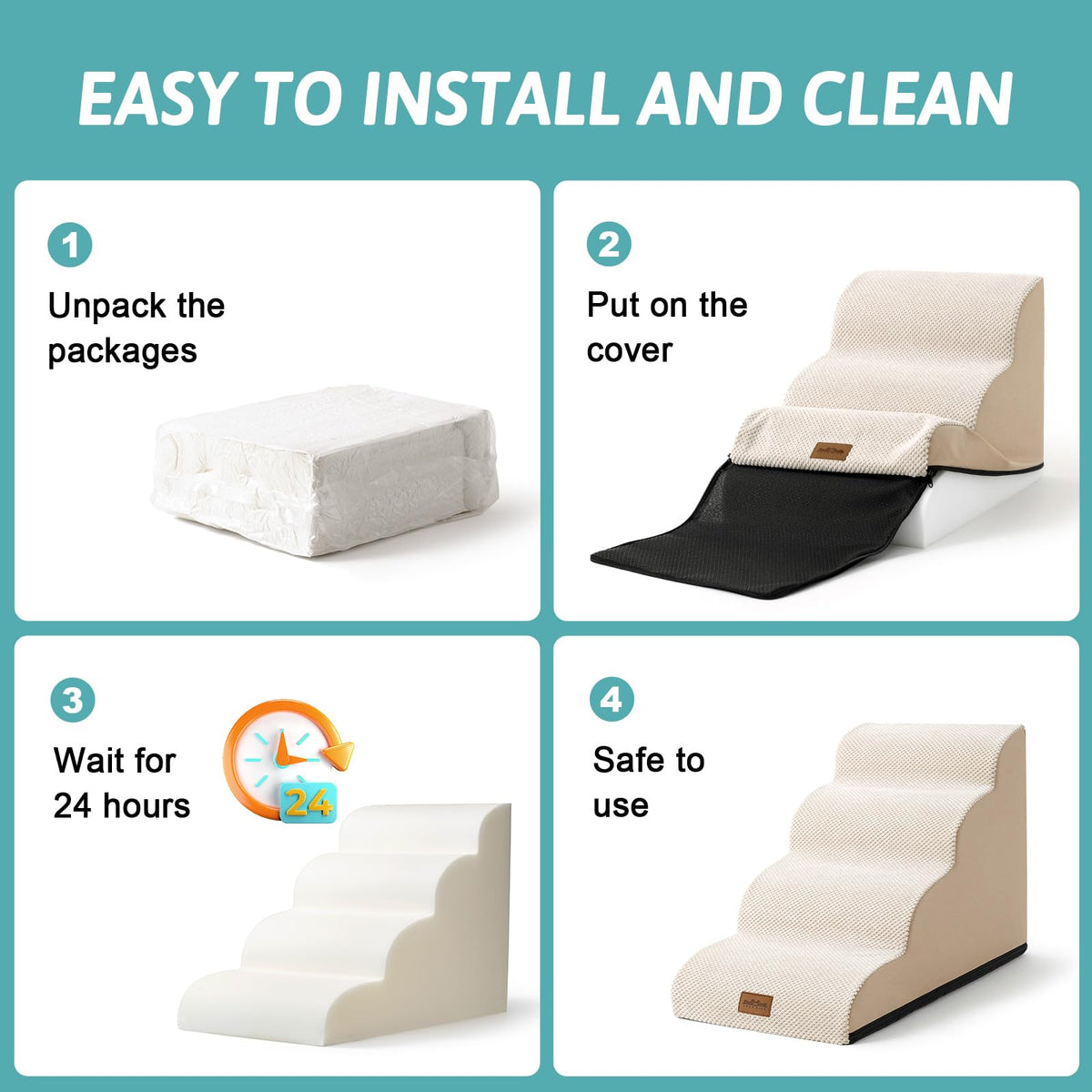 Wide Dog Stairs for Small Dog 15.7" H (Beige / Wide:17.7" x 22.4" x 15.7")