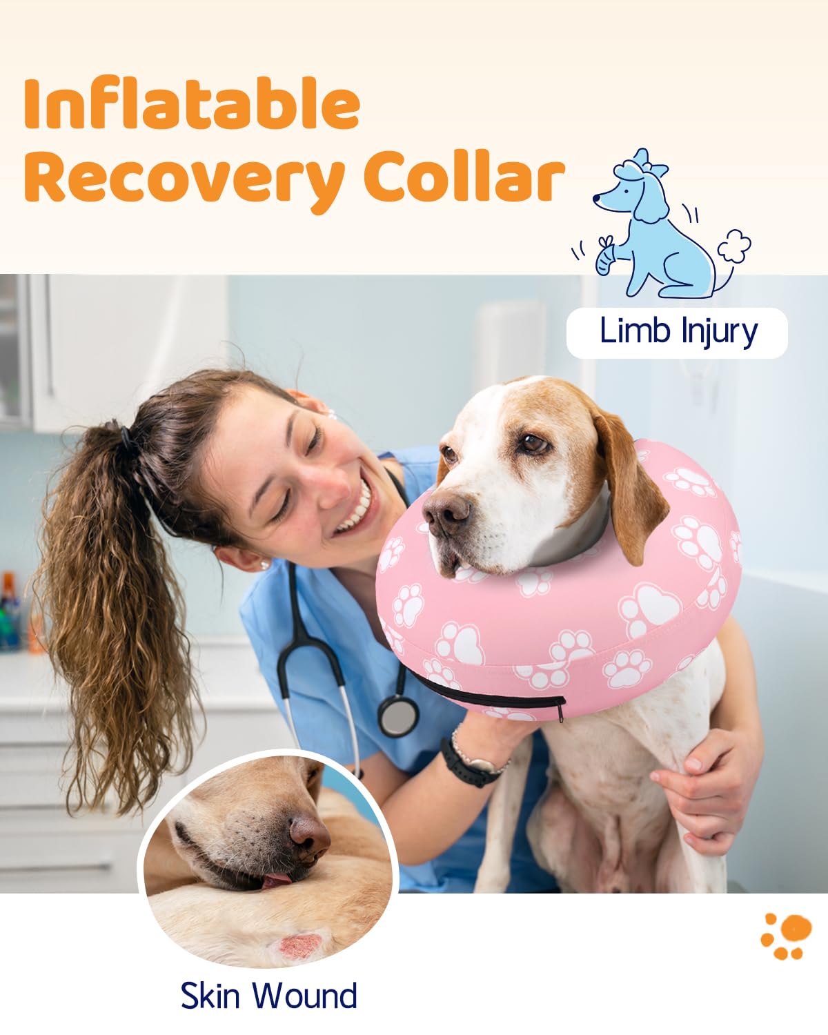 Inflatable Dog Cone Collar Alternative After Surgery (T Paw Pink / L(Neck 12"-16"))