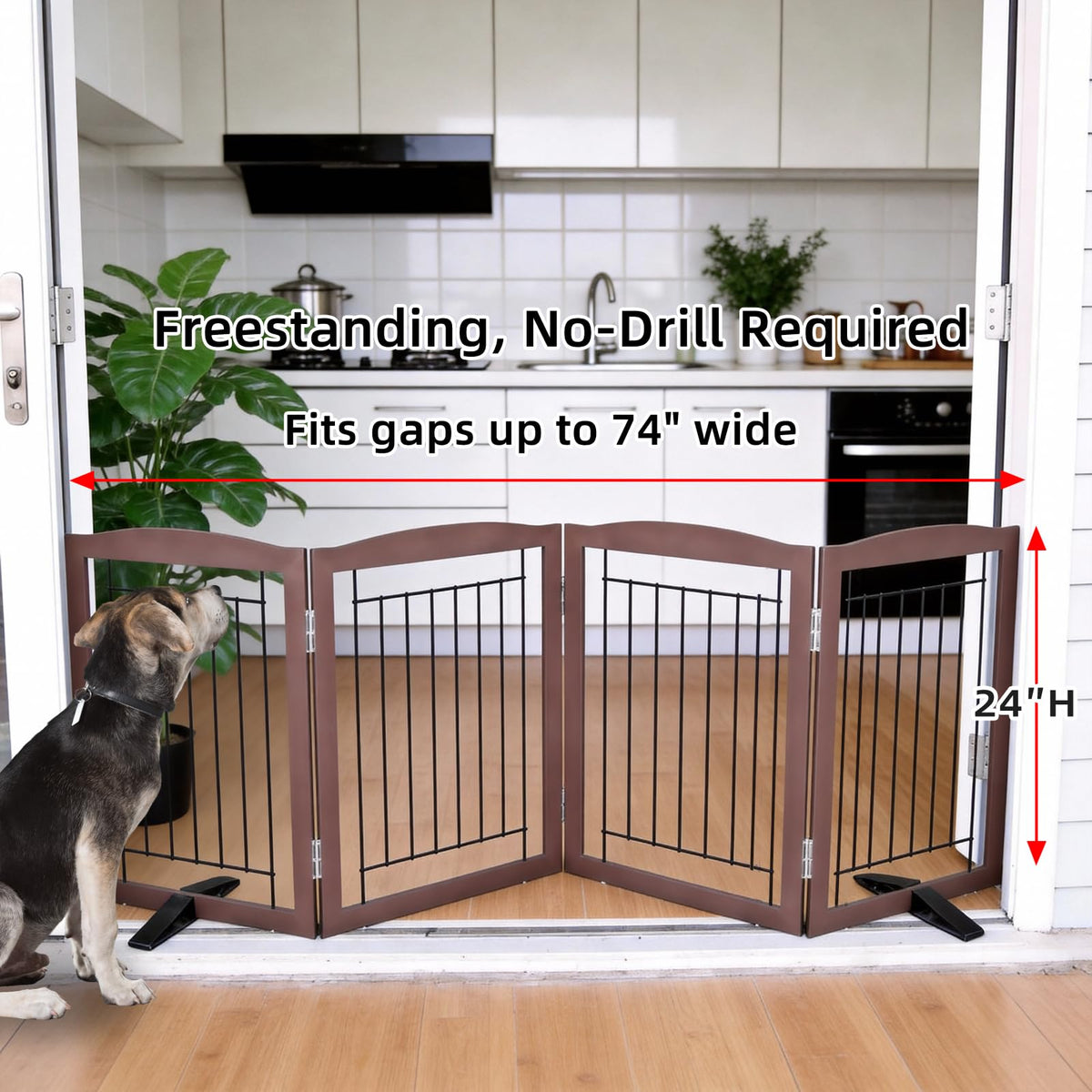 Freestanding Dog Fence Indoor (Brown / 【4 Panels】80''w x 24''h)