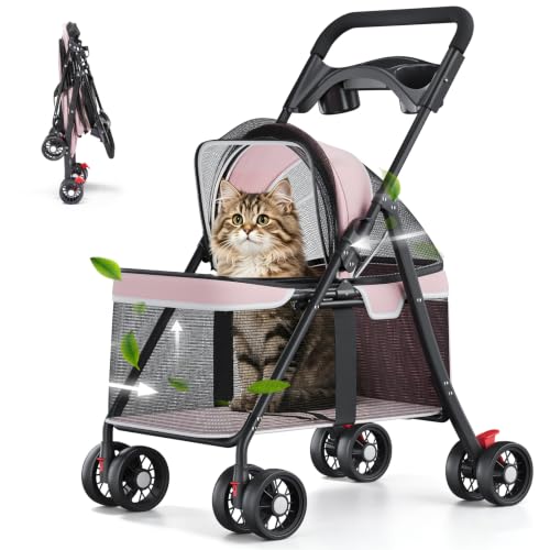 Foldable Pet Stroller for Small Dogs and Cats (★Pink【Full Mesh】)