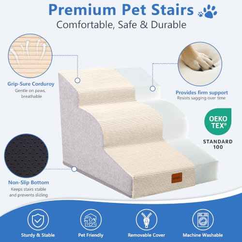 3 Step Curved Dog Stairs 15.7" H for Small Dogs Low Couch & Sofa (Cream Beige / 15.7x22.4x15.7in)