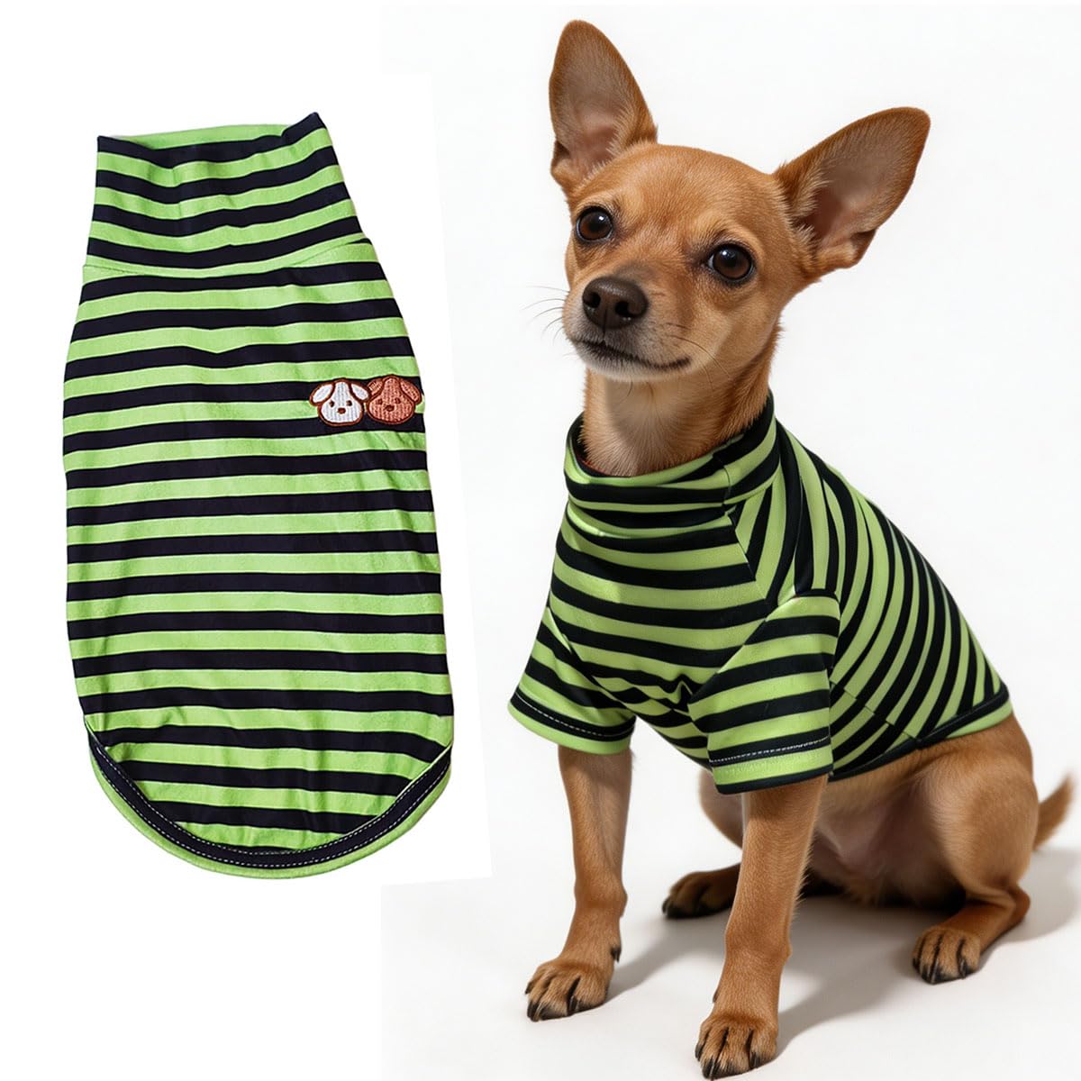 Turtleneck Dog Shirt Cute Doggie Embroidery Super Soft Dog Sweatshirt Stretchy Striped Puppy Pullover for Cats Small Medium Large Dogs (Green Striped / X-Small)